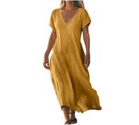 Vestido Lino Y Algodón Mujer Tallas Grandes Holgados Baggy Vestido Largo Mujer Cuello en V Comodos Y Elegantes Verano Otoño Formales Playa Ceremonia Long Dress (Yellow, XL)