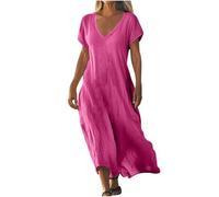 Vestido Lino Y Algodón Mujer Tallas Grandes Holgados Baggy Vestido Largo Mujer Cuello en V Comodos Y Elegantes Verano Otoño Formales Playa Ceremonia Long Dress (Red, XXXXL)
