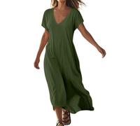 Vestido Lino Y Algodón Mujer Tallas Grandes Holgados Cuello en V Baggy Vestido Largo Mujer Comodos Elegantes Verano Otoño Formales Playa Ceremonia Long Dress (Green, M)