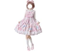 Vestido Lolita para niñas, bonito estampado de conejo, con lazo, sin mangas, vestido de estilo japonés, acampanado, vestido de fiesta de princesa, rosa, 38
