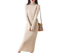 Vestido más largo para mujer, 100% lana sólida, jerseys de cuello alto de invierno, vestidos de mujer de color sólido, color beige, S