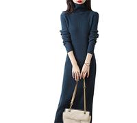Vestido más largo para mujer, 100% lana sólida, jerseys de cuello alto de invierno, vestidos de mujer de color sólido, GN S