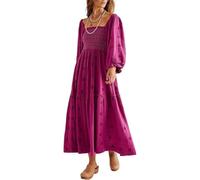 Vestido Maxi Bohemio Floral Bordado para Mujer 2026 | Manga Larga Abullonada, Cuello Cuadrado, Caída Fluida y Bolsillos (Rose Red,S)