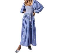 Vestido Maxi Bohemio Floral Bordado para Mujer 2026 | Manga Larga Abullonada, Cuello Cuadrado, Caída Fluida y Bolsillos (Light Blue,S)