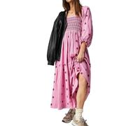 Vestido Maxi Bohemio Floral Bordado para Mujer 2026 | Manga Larga Abullonada, Cuello Cuadrado, Caída Fluida y Bolsillos (Pink,L)