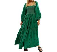 Vestido Maxi Bohemio Floral Bordado para Mujer 2026 | Manga Larga Abullonada, Cuello Cuadrado, Caída Fluida y Bolsillos (Dark Green,S)
