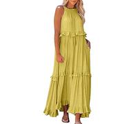 Vestido maxi con volantes para mujer, ligero, ventilado, tallas grandes, sin mangas, monocolor, vestido de verano, largo y fluido, amarillo, L