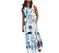 Vestido maxi de mujer 2026 vestido de verano para mujer, sin mangas, cuello redondo, vestido largo de color sólido con apertura de horquilla, informal, festivo, sexy, azul, L