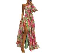 Vestido Maxi de Vacaciones para Mujer, Manga Farol, un Hombro, Abertura Alta, Vestido Maxi Floral (Verde,XL)