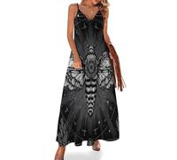 Vestido Maxi de Verano para Mujer Brujería Mística Vestidos Cuello en V con Tirantes Constelación De La Polilla Vestido Fluido Suelto para Diario Playa Viaje, Negro