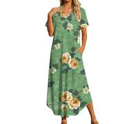 Vestido maxi de verano para mujer con estampado de moda y espalda desnuda, estilo camiseta larga y bolsillos - Traje de vacaciones confiable para playa, paseo o ciudad, viaje, Verde60, M