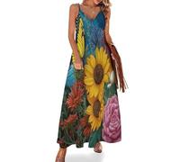 Vestido Maxi de Verano para Mujer Estilo Country Retro Americano Vestidos Cuello en V con Tirantes Campo De Girasoles Vestido Fluido Suelto para Diario Playa Viaje, Azul Oscuro