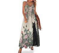 Vestido Maxi de Verano para Mujer Estilo Francés Retro Vestidos Cuello en V con Tirantes Rosa De Gato Negro Romántico Vestido Fluido Suelto para Diario Playa Viaje, Beige