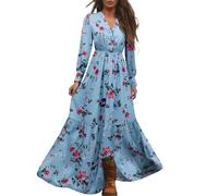 Vestido maxi de verano para mujer, manga larga, informal, estilo bohemio, corte en A, casual, estilo rústico, cuello en V, con estampado floral, vestido floral, para bodas, estilo western, 02-azul