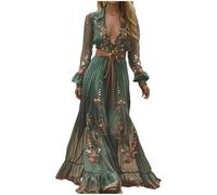 Vestido maxi de verano para mujer, manga larga, informal, estilo bohemio, vestido largo en A, vestido de ocio, bonito estilo rústico, cuello en V, vestido de verano con estampado floral, vestido de