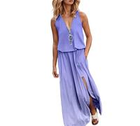 Vestido maxi de verano para mujer, vestido de verano, ligero, cuello en V, con cremallera, vestido maxi sin mangas, con ranura, vestido largo, degradado, informal, vestido de baile, vestido suelto