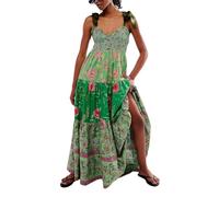 Vestido Maxi Fruncido Floral de Manga Corta for Mujer 2024, Vestido Bohemio de Novia, Vestido de Playa y Sol(Green,Large)