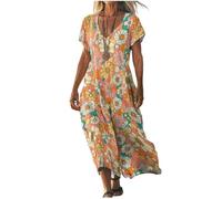 Vestido Maxi Mujer Verano Boho Chic Elegante, Vestido Largo Bohemio Suelto con Cuello en V y Manga Corta para Playa Fiesta y Vacaciones, Ropa Casual Transpirable Tallas Grandes Cómodo