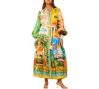Vestido Maxi Suelto Casual para Mujer, Vestido Camisero de Manga Larga con Bloques de Color a la Moda, Vestido Hawaiano Fluido,Verde,L