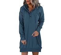 Vestido mediano largo para mujer, manga larga, vestido sexy con capucha con cordón y botones casuales chic y elegantes, color sólido versátil temperamento Streetwear suéter Dress otoño