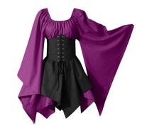 Vestido Medieval Mujer Manga Larga Malefica Disfraz Halloween Mujer Gotico Otoño Hechicera Vestidos Novia Cadaver Strapless Murcielago Vestidos De Fiesta Encaje Invierno Sencillo 2#púrpura XXL