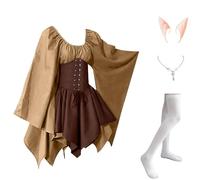 Vestido Medieval Mujer Puffy Annabelle Disfraz Halloween Mujer Sexy Invierno Capa Vestidos Bruja Sin Mangas Murcielago Vestidos De Fiesta Hechicera Primavera Étnico 2#Caqui XXL