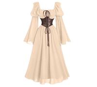 Vestido medieval para mujer con mangas trompeta retro, cuello cuadrado, talle alto con cordones grandes vestidos estilo arnaval Steampunk gótico princesa renacentista victoriana vestido, beige, L