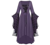 Vestido medieval para mujer, manga de murciélago, vestido renacentista para mujer, vampiro, vestido de bruja irregular con cordones, sexy, gótico, bruja, vestido plisado, calavera, encaje, Halloween