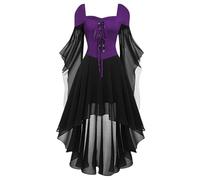 Vestido medieval para mujer, mangas de murciélago, vestido renacentista para mujer con cordones, vestido gótico maxi con dobladillo irregular, Halloween, carnaval, disfraz, vampiro, vestido plisado