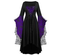 Vestido medieval vintage para mujer, manga trompeta, gótico | Diseño de flores con mangas trompeta de encaje fruncido con volantes para fiestas temáticas de Halloween
