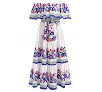 Vestido mexicano con hombros descubiertos para mujer, línea A, largo, maxivestido de verano, estampado floral, bohemio, playa, vacaciones, fiesta de muertos, Halloween, carnaval, Blanco, M