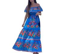 Vestido mexicano para mujer, con hombros descubiertos, flores, bordado, línea A, volantes, largo, maxi, vestido de verano, vestido de playa, vestido de vacaciones, vestido de fiesta de muertos