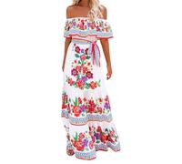 Vestido mexicano para mujer, con hombros descubiertos, flores, bordado, línea A, volantes, largo, maxi, vestido de verano, vestido de playa, vestido de vacaciones, vestido de fiesta de muertos