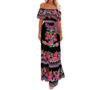 Vestido mexicano para mujer, con hombros descubiertos, flores, bordado, línea A, volantes, largo, maxi, vestido de verano, vestido de playa, vestido de vacaciones, vestido de fiesta de muertos