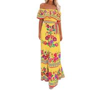 Vestido mexicano para mujer, con hombros descubiertos, flores, bordado, línea A, volantes, largo, maxi, vestido de verano, vestido de playa, vestido de vacaciones, vestido de fiesta de muertos