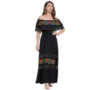 Vestido mexicano para mujer, con hombros descubiertos, flores, bordado, línea A, volantes, largo, maxi, vestido de verano, vestido de playa, vestido de vacaciones, vestido de fiesta de muertos,