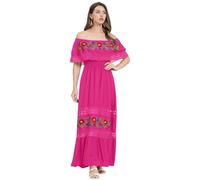 Vestido mexicano para mujer, con hombros descubiertos, flores, bordado, línea A, volantes, largo, maxi, vestido de verano, vestido de playa, vestido de vacaciones, vestido de fiesta de muertos