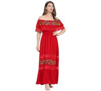 Vestido mexicano para mujer, con hombros descubiertos, flores, bordado, línea A, volantes, largo, maxi, vestido de verano, vestido de playa, vestido de vacaciones, vestido de fiesta de muertos,
