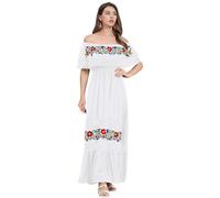 Vestido mexicano para mujer, con hombros descubiertos, flores, bordado, línea A, volantes, largo, maxi, vestido de verano, vestido de playa, vestido de vacaciones, vestido de fiesta de muertos