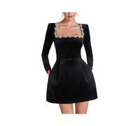 Vestido Midi Ajustado de Terciopelo para Mujer, Elegante Vestido de Cóctel de Manga Larga con Escote Cuadrado y Dobladillo con Volantes Negro S