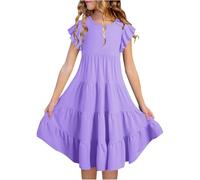 Vestido Midi Casual de Verano para Niñas con Mangas y Diseño Fluido en Capa Doble (Purple, 10-11 Years)