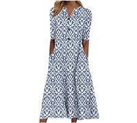 Vestido midi casual para mujer, estilo étnico, vintage, estampado floral, cuello en V, manga corta, vestido largo para mujer, vestido de verano largo acampanado para uso diario, venta de pedido 2025