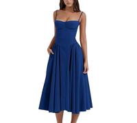 Sleeveless Corset Fit Midi Dress Spaghetti Strap Bustier Midi Dress Trendy A Line Dress with Pocket (L,Dark Blue)