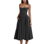 Sleeveless Corset Fit Midi Dress Spaghetti Strap Bustier Midi Dress Trendy A Line Dress with Pocket (L,Black)