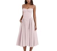 Vestido Midi Corset Sin Mangas Con Tirantes Finos y Bustier - Línea A Trendy Con Bolsillo (L, Rosa)