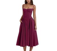 Vestido Midi Corset Sin Mangas Con Tirantes Finos y Bustier - Línea A Trendy Con Bolsillo (L, Rosa Caliente)