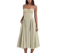 Vestido Midi Corset Sin Mangas Con Tirantes Finos y Bustier - Línea A Trendy Con Bolsillo (L, Verde)
