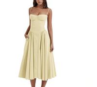Vestido Midi Corset Sin Mangas Con Tirantes Finos y Bustier - Línea A Trendy Con Bolsillo (M, Amarillo)