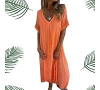 Vestido Midi de algodón y Lino con Cuello en V, Vestido Largo Fluido Bohemio de Manga Corta, Vestidos Casuales Sueltos con Cuello en V hasta el Tobillo (S,Naranja)