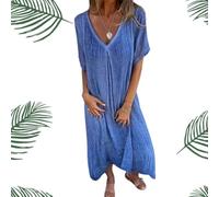 Vestido Midi de algodón y Lino con Cuello en V, Vestido Largo Fluido Bohemio de Manga Corta, Vestidos Casuales Sueltos con Cuello en V hasta el Tobillo (3XL,Azul)